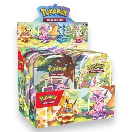 Scarlet & Violet Prismatic Evolutions mini tins display | Hvert display inneholder 8 mini tins, hver tin inneholder 2 booster pakker.
